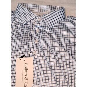 Collars & Co Dark/Light Blue White Check Golf Dress Collar Polo Shirt Size L NWT